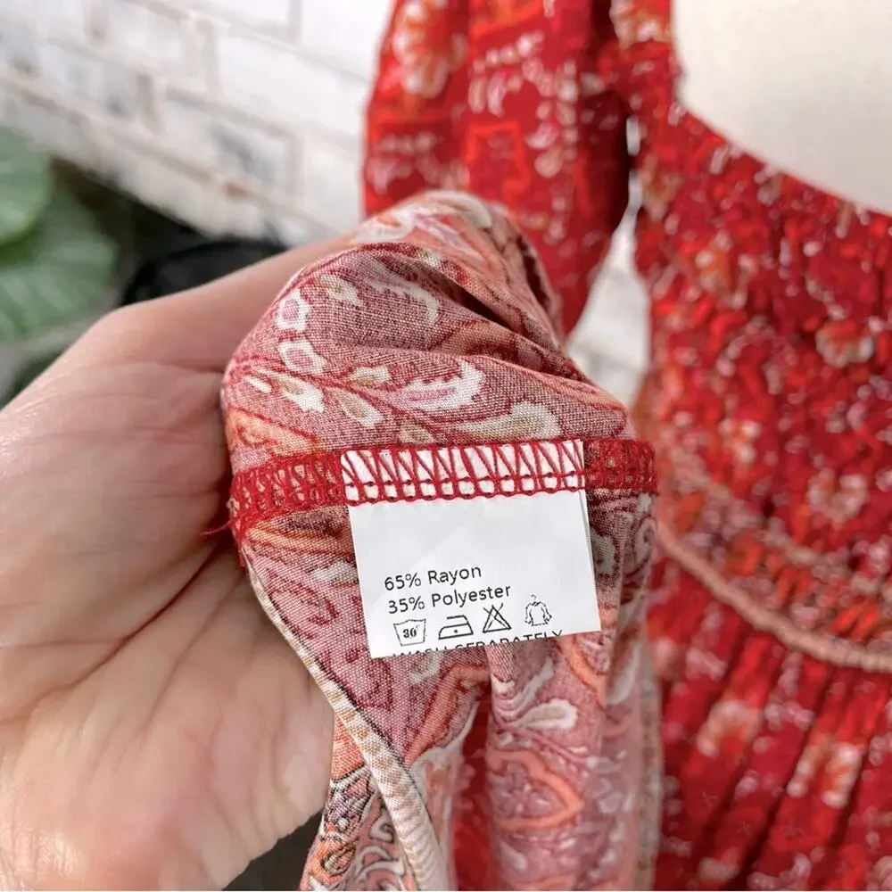 Red Bright Boho Floral Puff Shoulder Smocked Top Ruffle Hem Midi Dress L - Picture 8 of 9